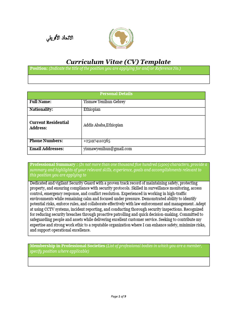 AU CV Template - ENGLISH-ysmaw | PDF | African Union