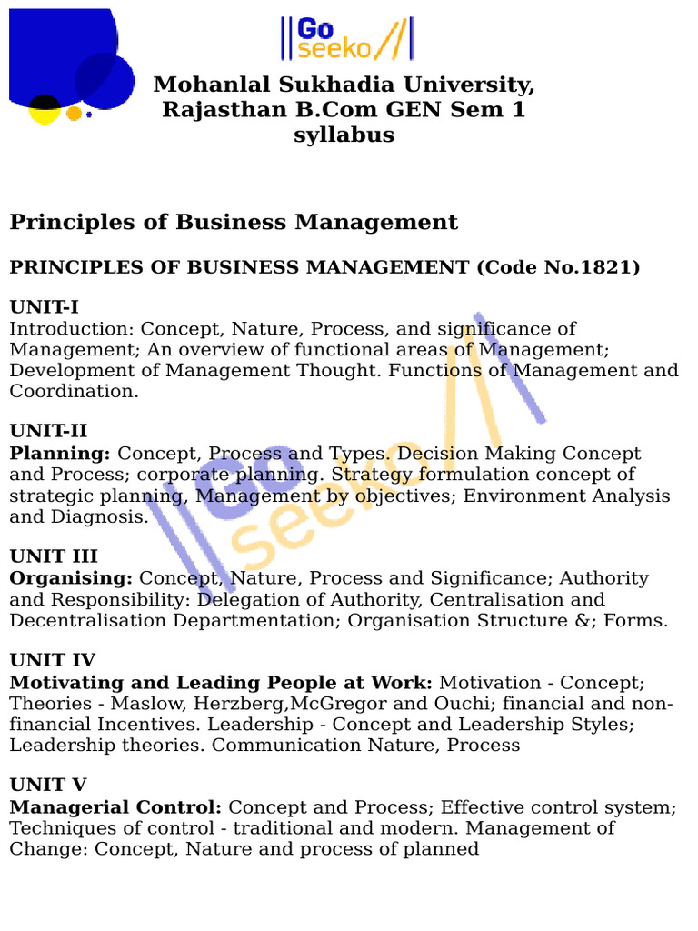 B.Com Sem 1 Business Management Syllabus | PDF