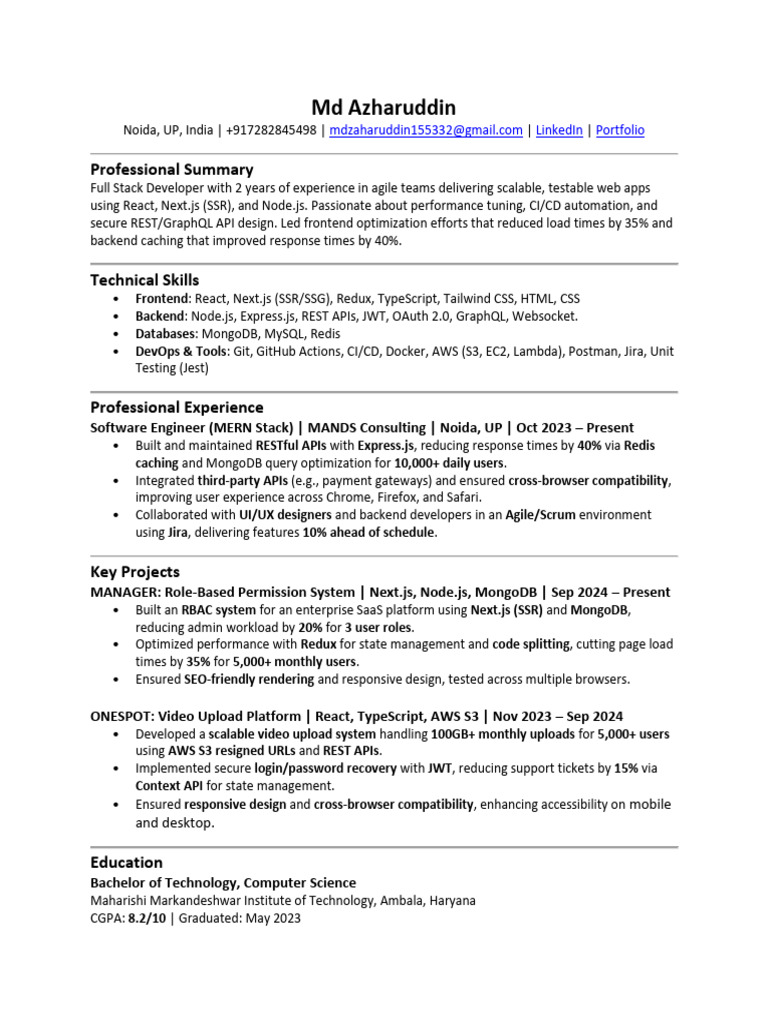Full Stack Developer Resume - Md Azharuddin | PDF | Responsive Web ...