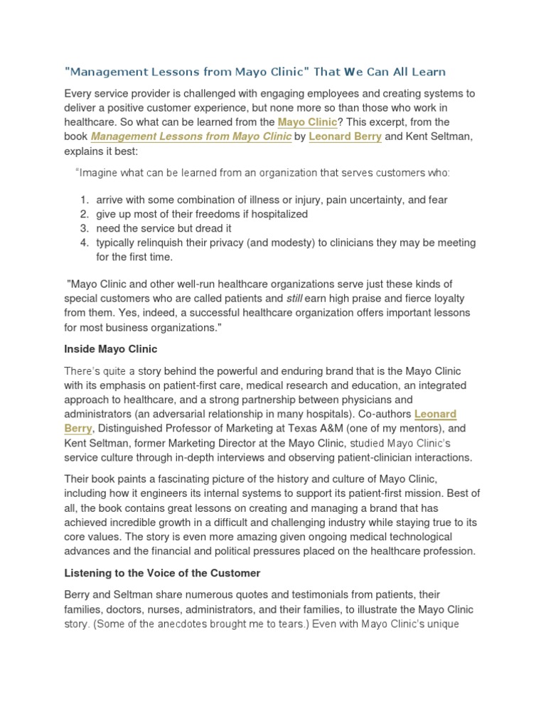 Management Lessons From Mayo Clinic | PDF | Clinic | Health Care