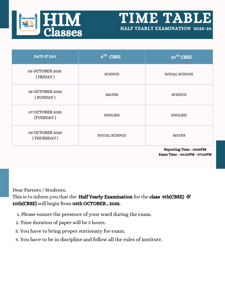 9th Half Yearly Exam Time Table 2025 | PDF