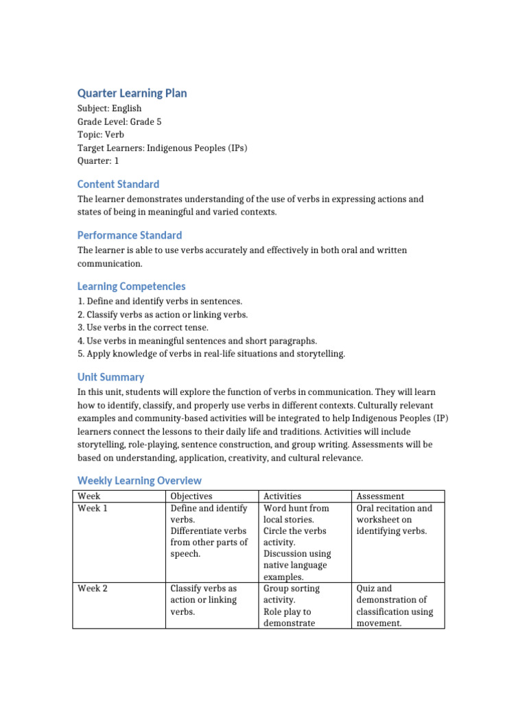 Grade 5 English Verb Learning Plan | PDF | Verb | Learning
