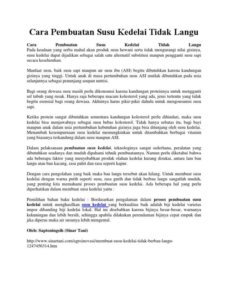 Cara Pembuatan Susu Kedelai Tidak Langu | PDF