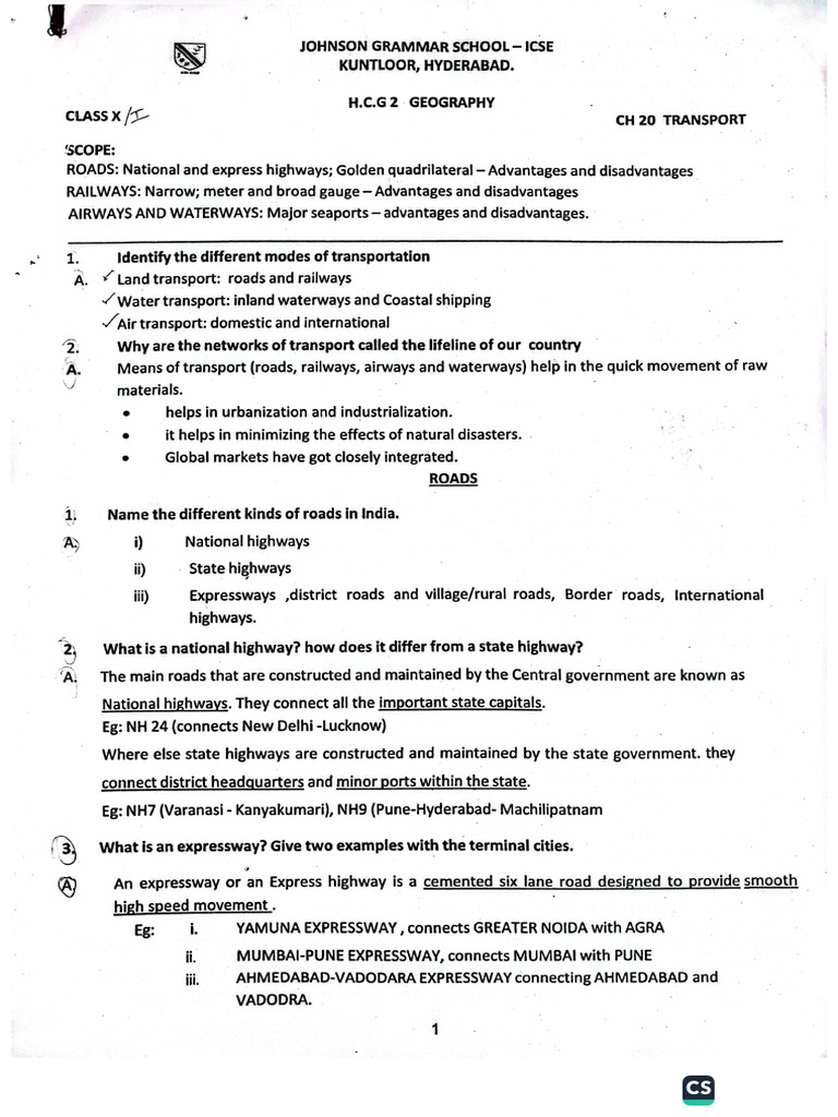 Geography TRANSPORT Notes (Class 10) | PDF