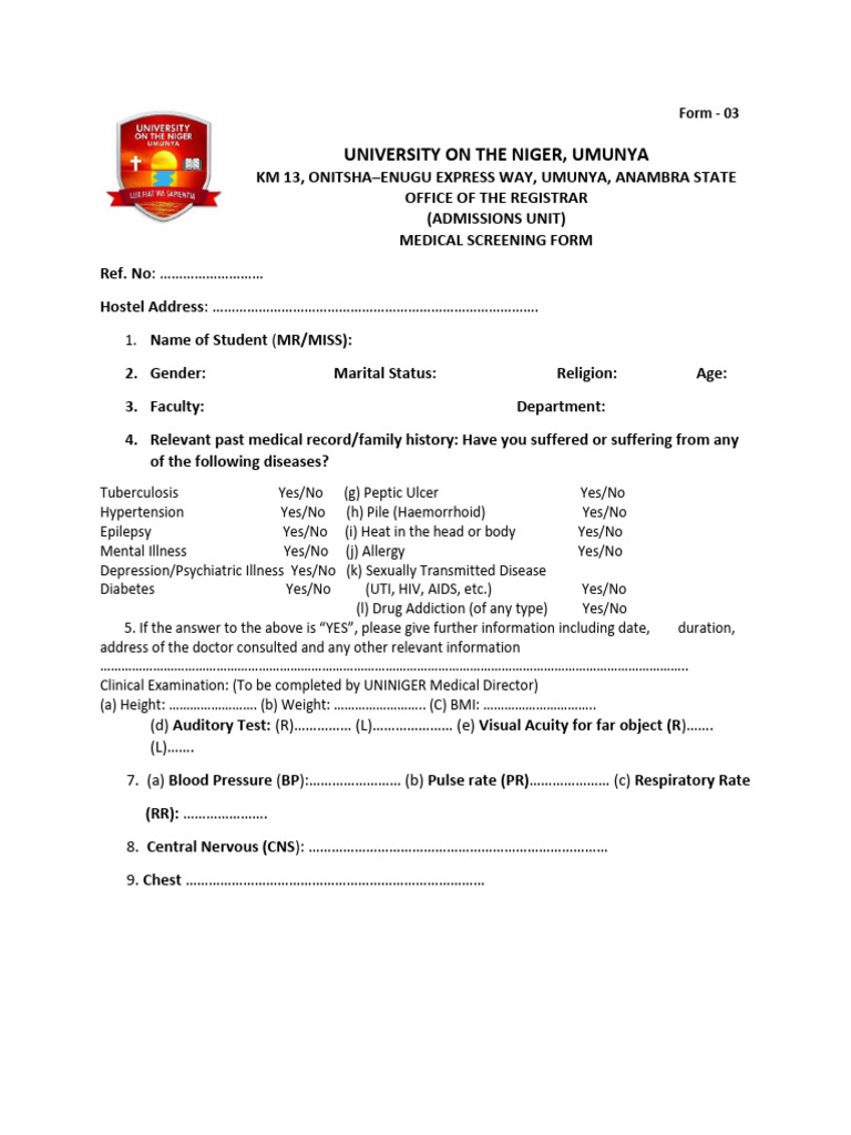 Medical Screening Form for Students | PDF