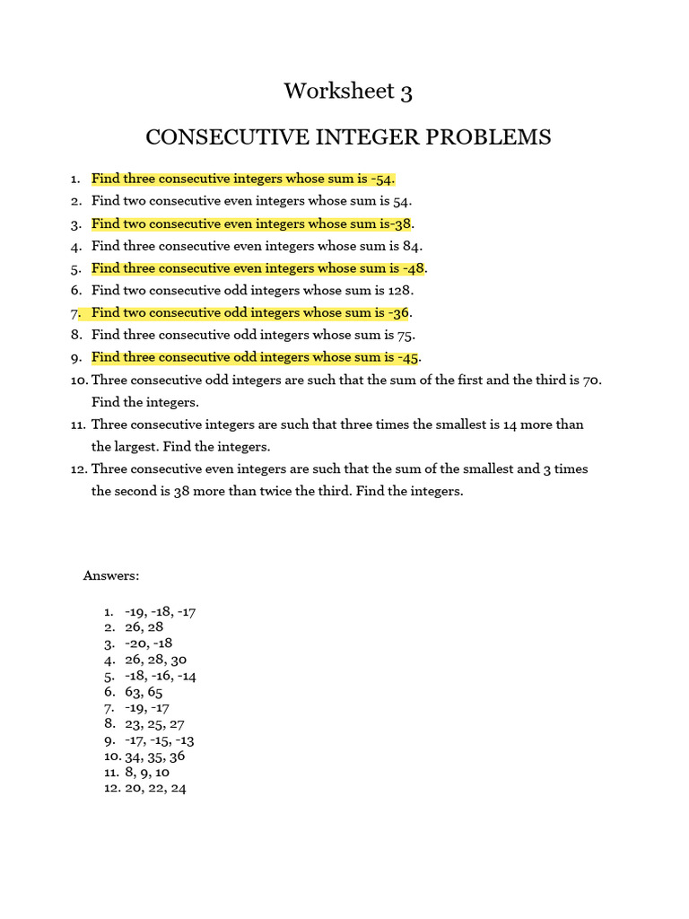 Consecutive Integer Problems Worksheet | PDF