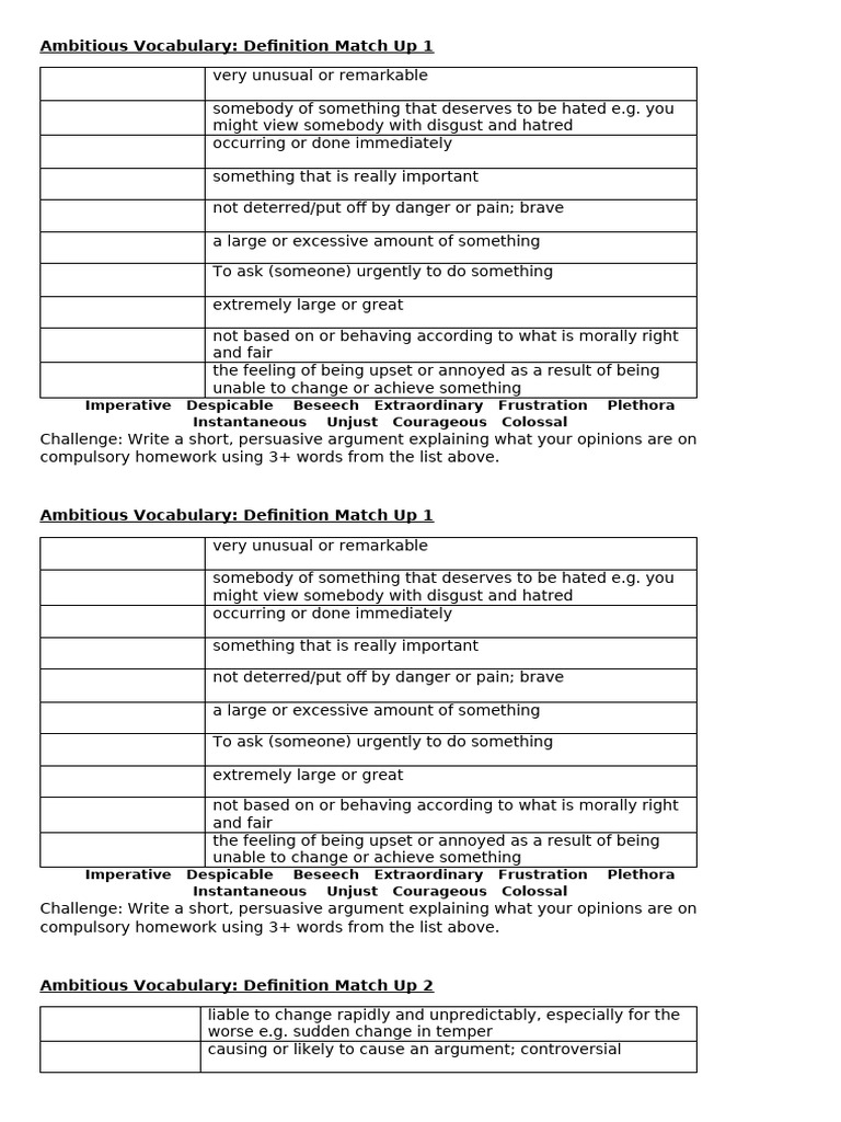 Vocabulary Definition Match-Up Exercise | PDF | Evil | Compassion