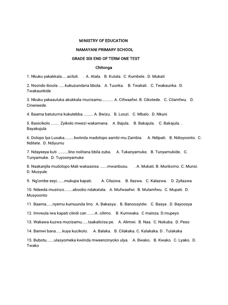 Grade Six Chitonga Test Paper | PDF | Chess Theory | Chess