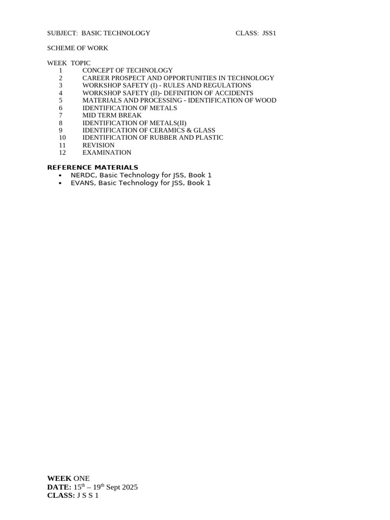 First Term Basic Technology JSS 1 Updated | PDF | Metals | Wood