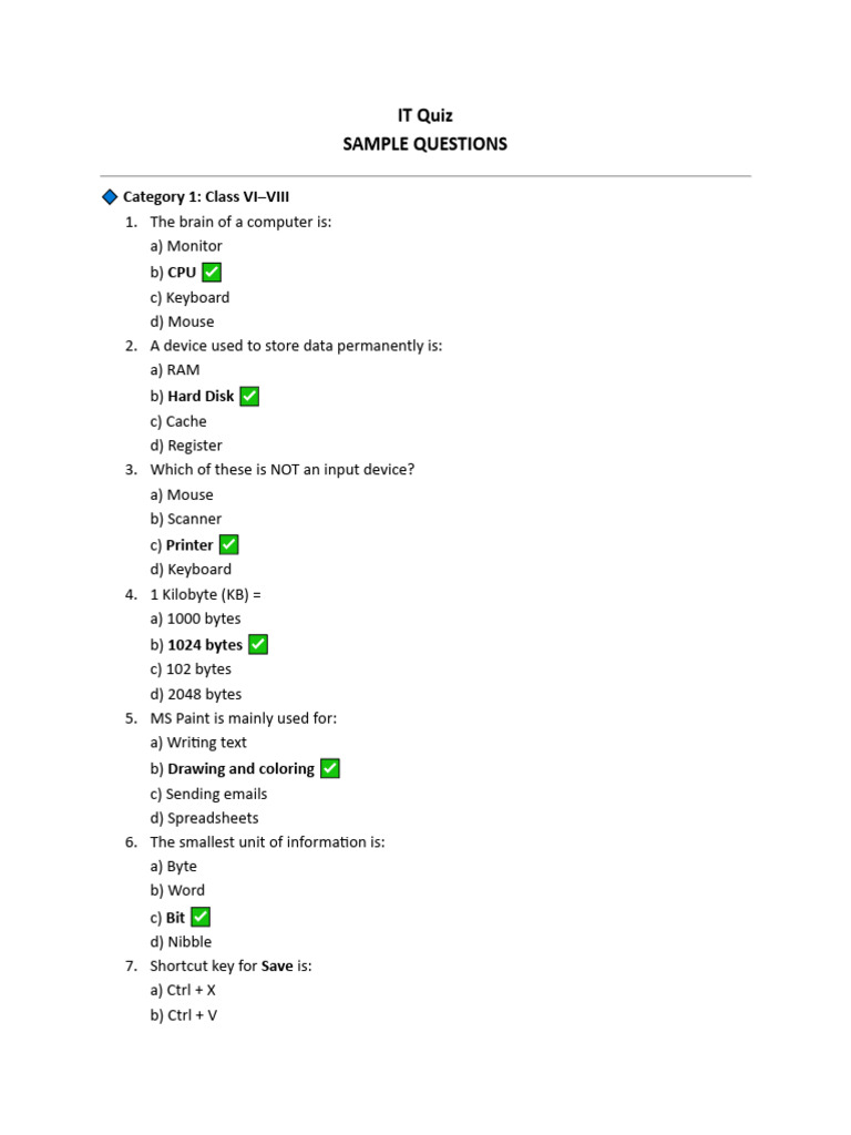 IT Quiz for Class VI–VIII Students | PDF | Microsoft Word | Computer ...