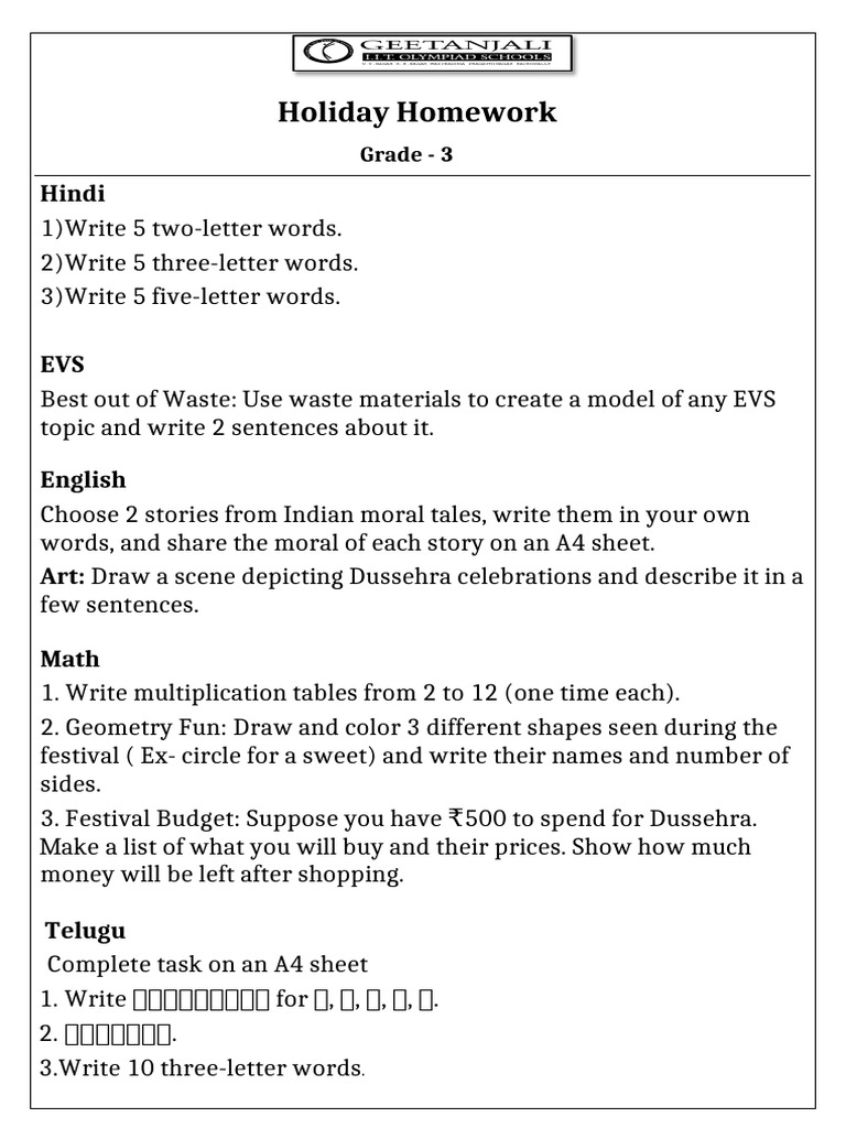 Grade 3 Holiday Homework Assignments | PDF