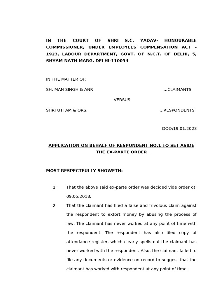 Application to Set Aside Ex-Parte Order | PDF | Affidavit | Ex Parte