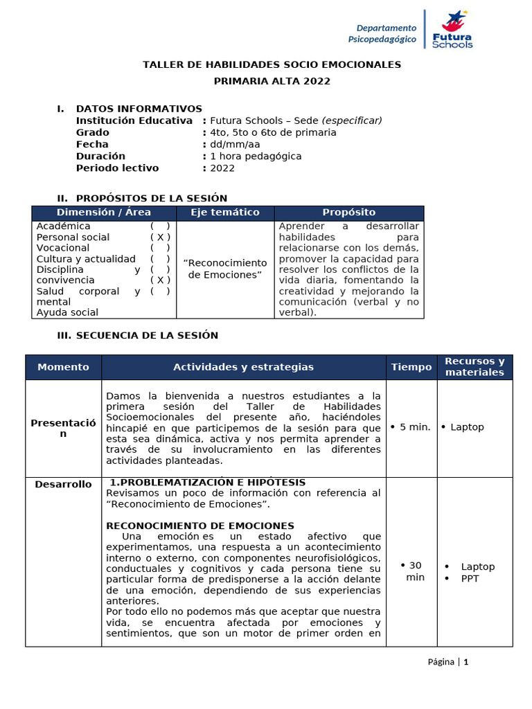 Taller de Habilidades Socioemocionales | PDF | Las emociones | Aprendizaje