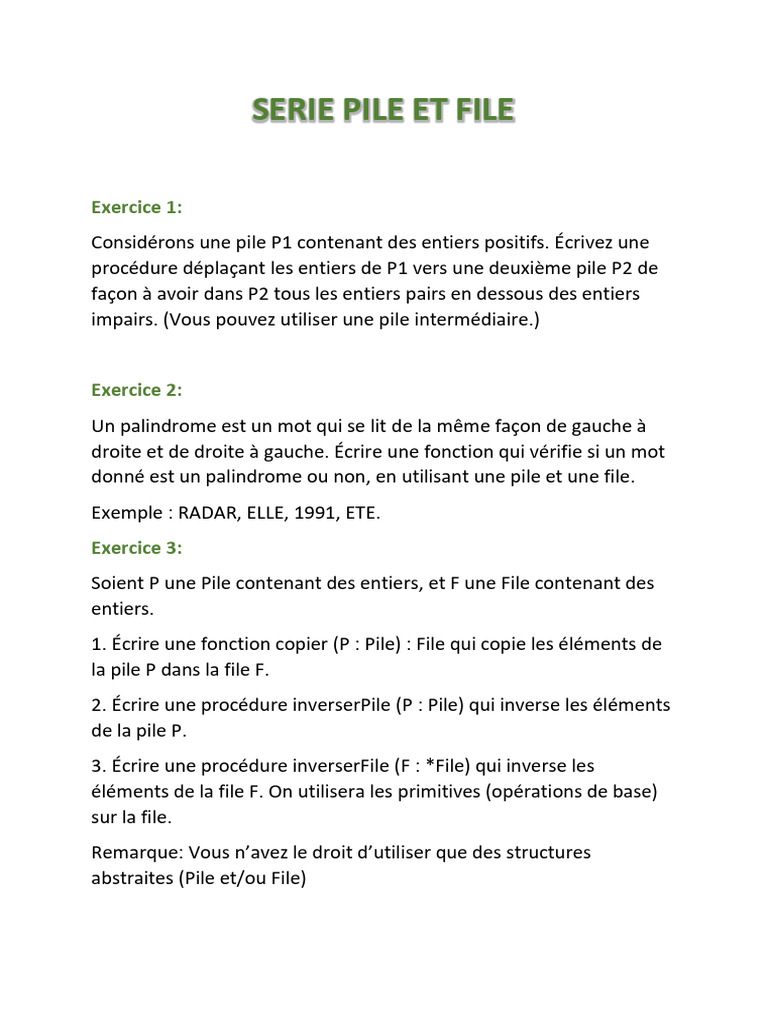 Exercices sur Piles et Files en Algorithmes | PDF