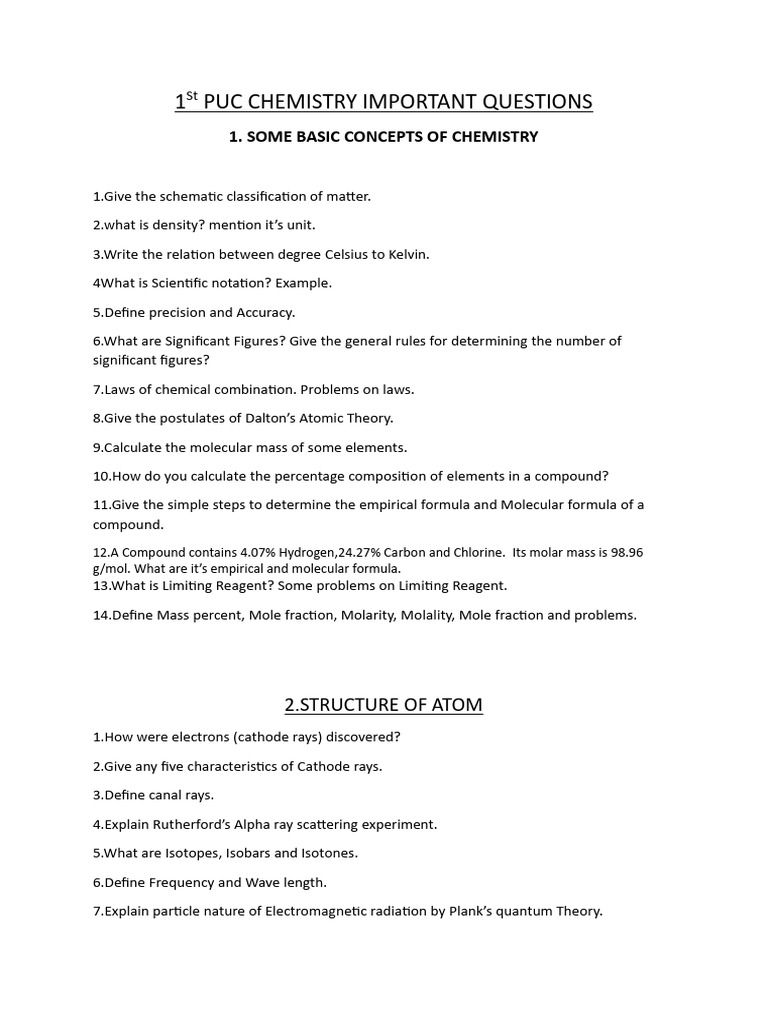 1st PUC Chemistry Key Questions | PDF | Periodic Table | Chemical Bond