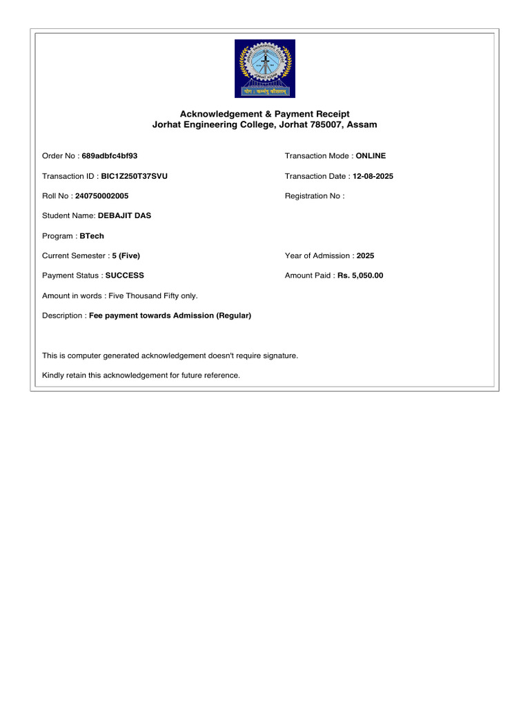Jorhat Engineering College Payment Receipt | PDF