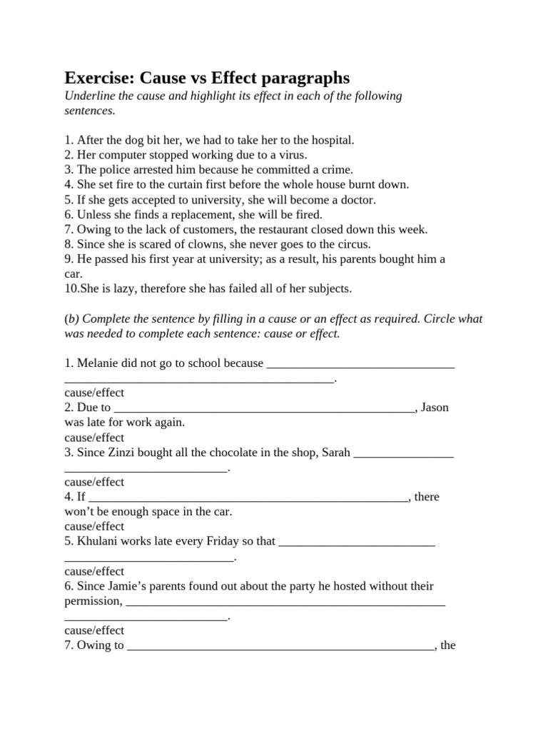 Cause and Effect Exercises for Writing | PDF
