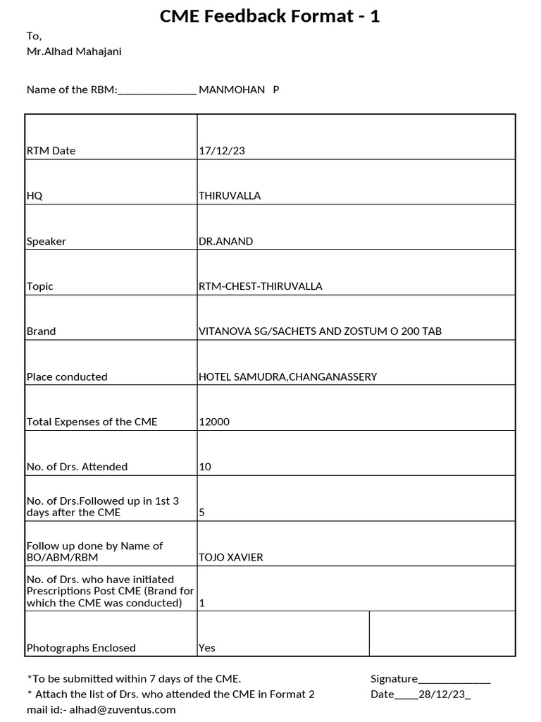 Thiruvalla Chest RTM Feedback Format | PDF