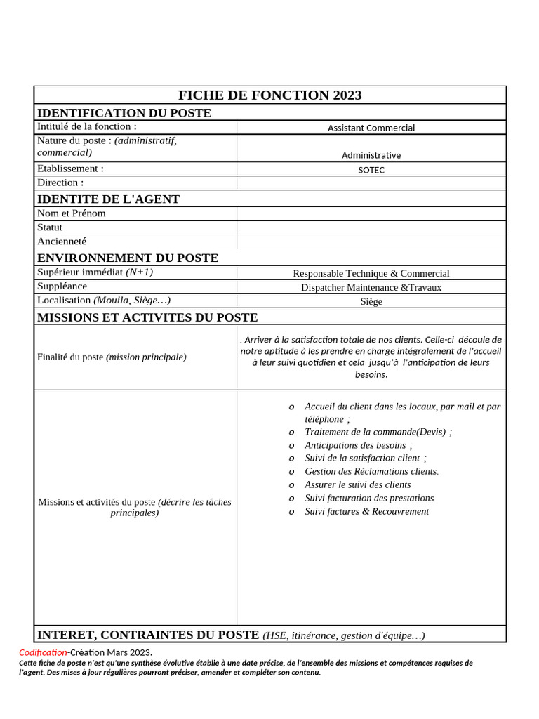 Fiche de Poste Assistant Commercial SOTEC V00 | PDF | Facture