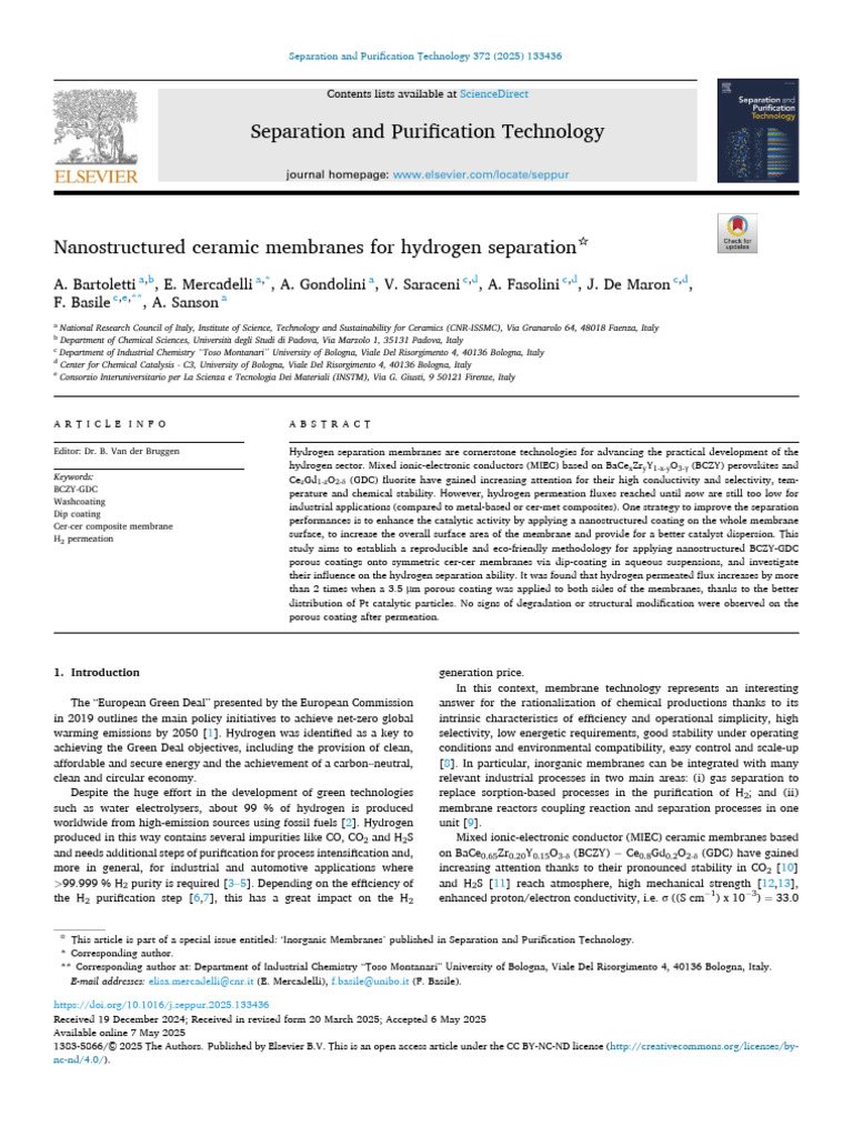 Nanostructured Ceramic Membranes for H2 Separation | PDF | Membrane ...