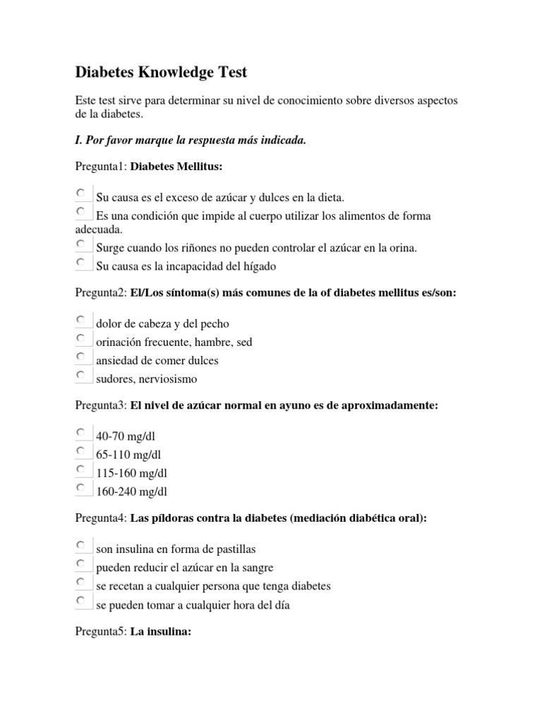 Diabetes Knowledge Test PDF Diabetes mellitus Ejercicio físico