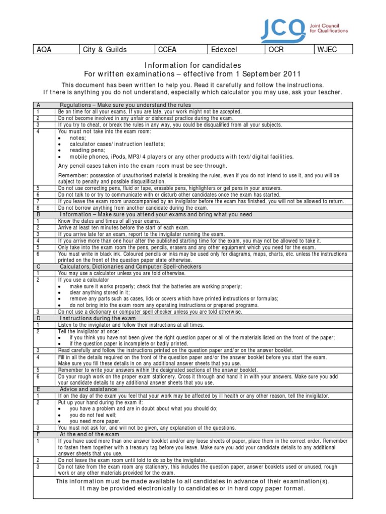 Information To Candidates Written Exams | PDF | Test (Assessment) | Paper