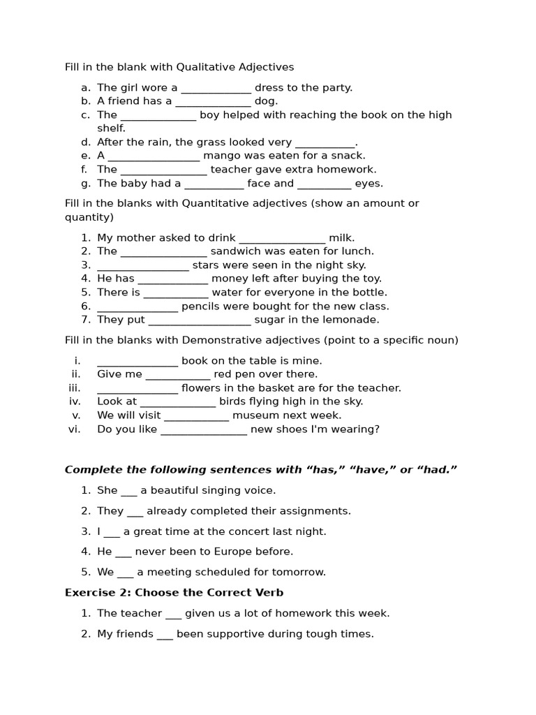 Adjective and Verb Exercises for Students | PDF | Adjective | Linguistics
