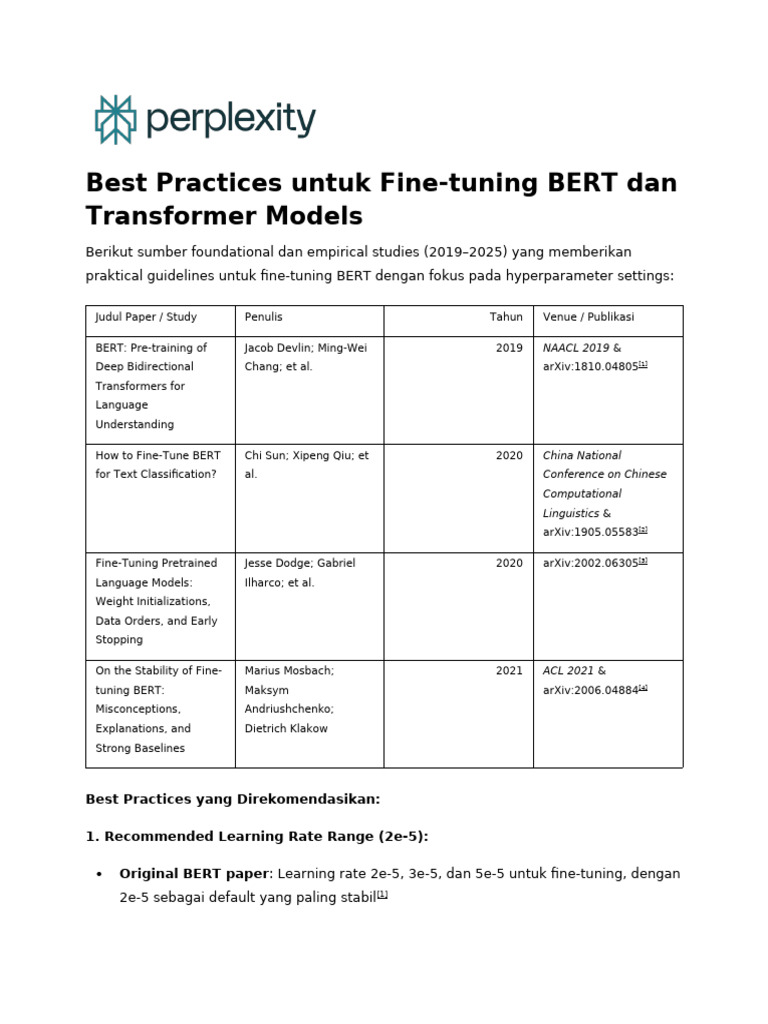 Praktik Terbaik Fine-tuning BERT | PDF
