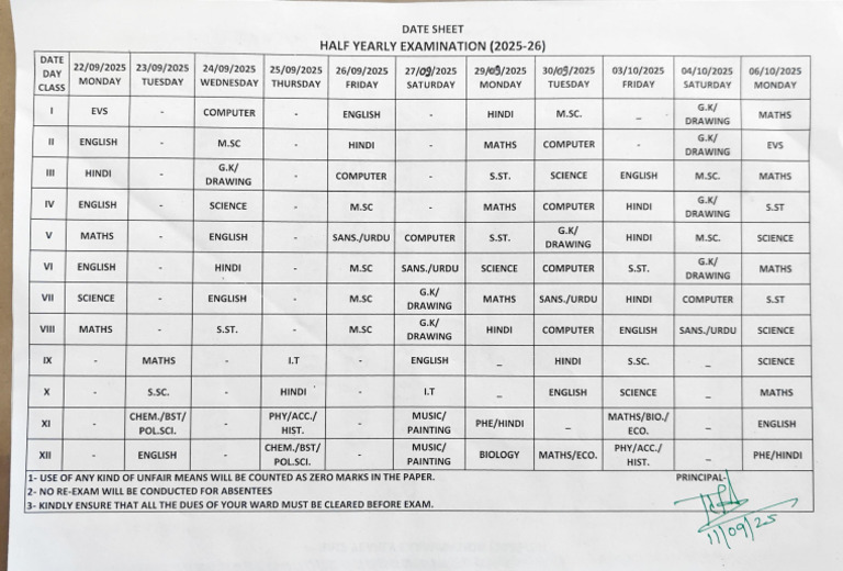 Date Sheet For Half Yearly Exam - 2025 | PDF