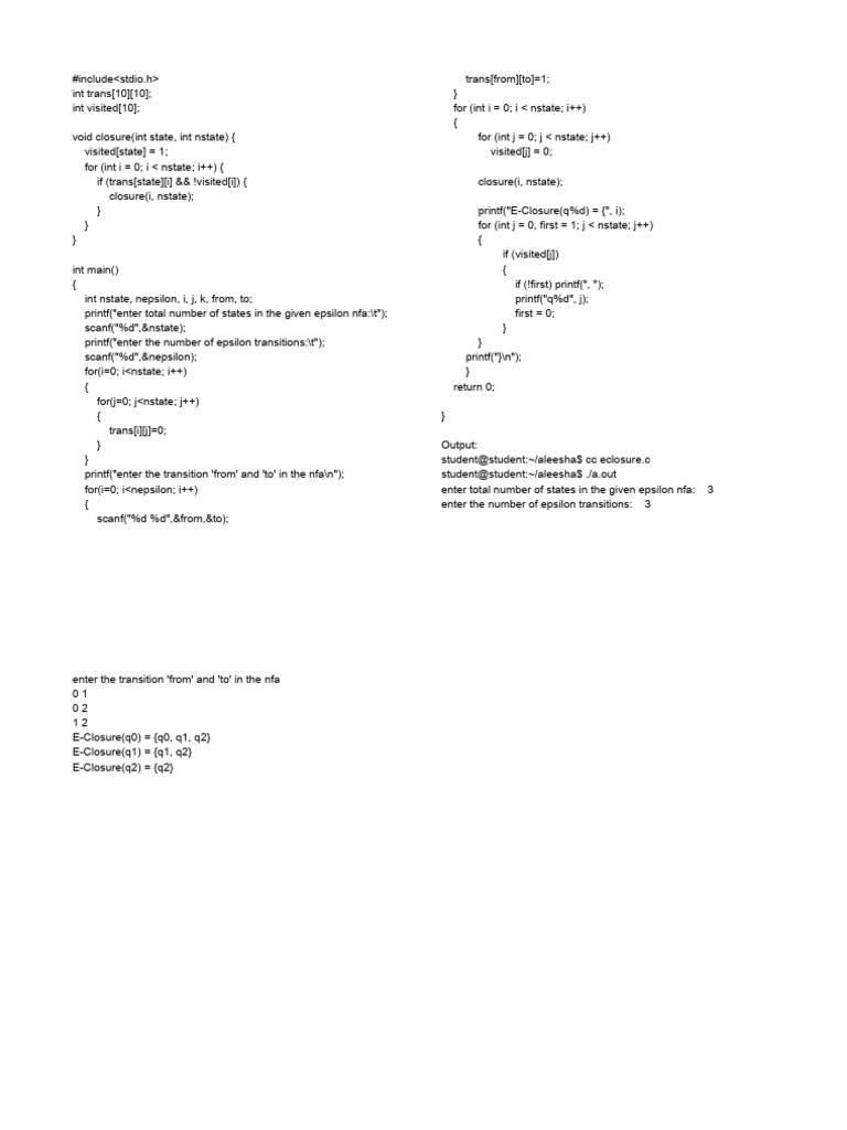 Epsilon NFA E-Closure Calculation Code | PDF