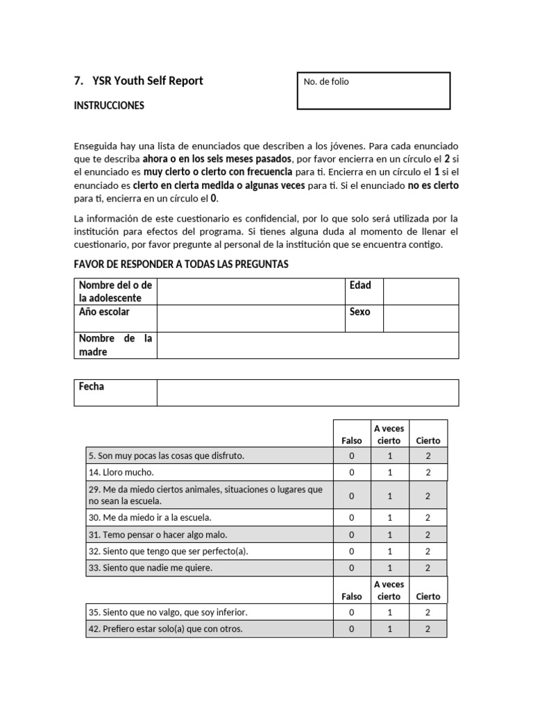 Instrumento Adolescentes YSR Youth Self Report | PDF