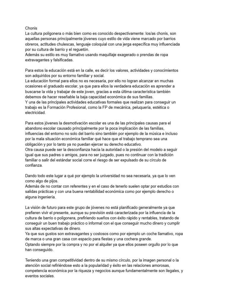 Cultura choni: educación y futuro juvenil | PDF