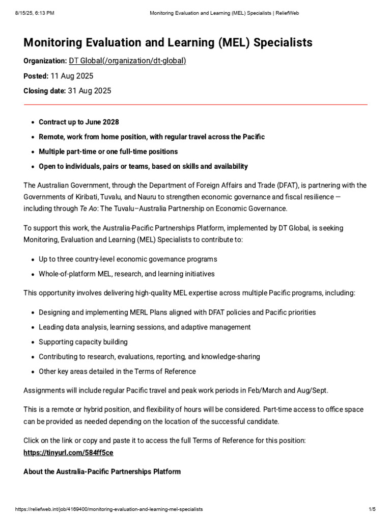 MEL Specialists for Pacific Governance | PDF | Governance | Recruitment