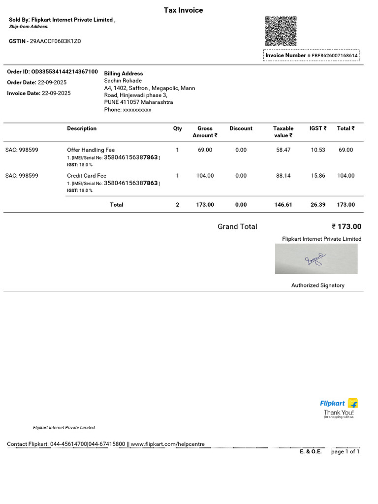 Flipkart Invoice for Sachin Rokade | PDF | Payments