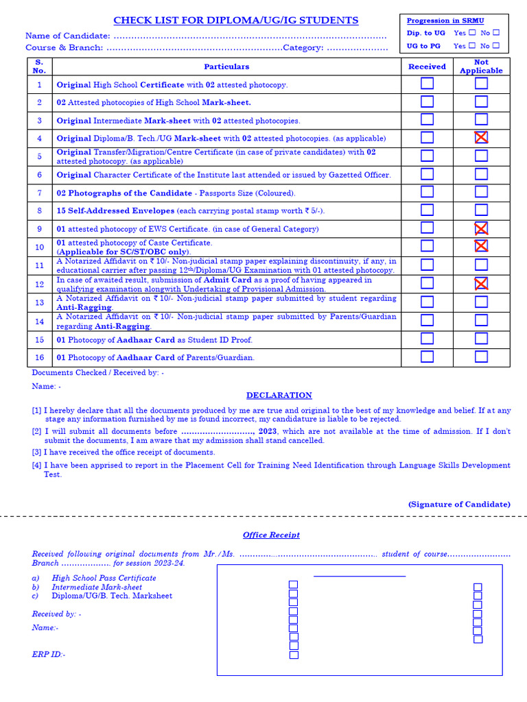 UG Admission Document Checklist | PDF