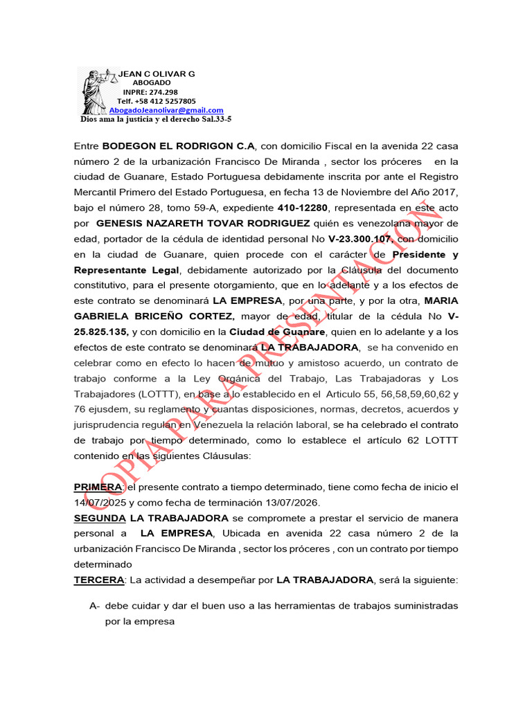 Contrato de Bodegon El Rodrigon 2025 | PDF | Salario | Venezuela