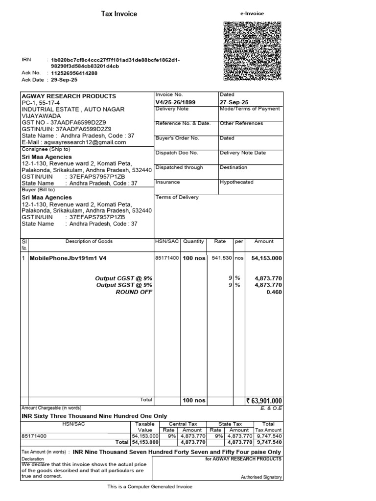 Output CGST at 9% Output SGST at 9% Round Off: Description of Goods ...