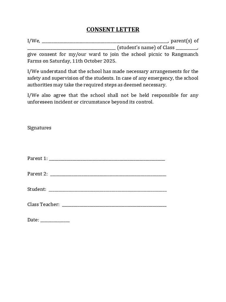 School Picnic Consent Letter Template | PDF