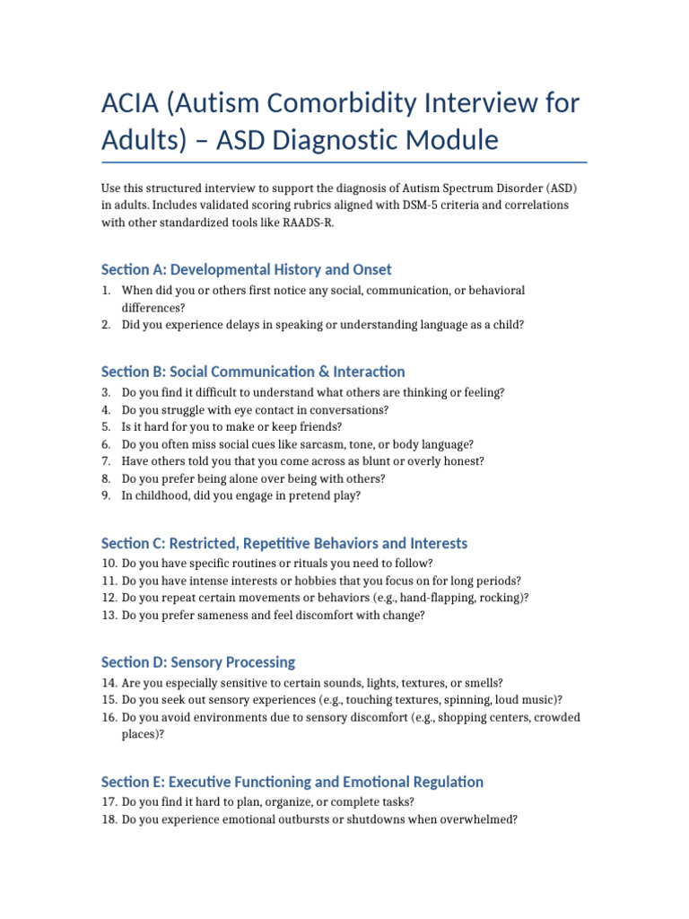 ACIA: Autism Assessment for Adults | PDF | Autism | Attention Deficit ...