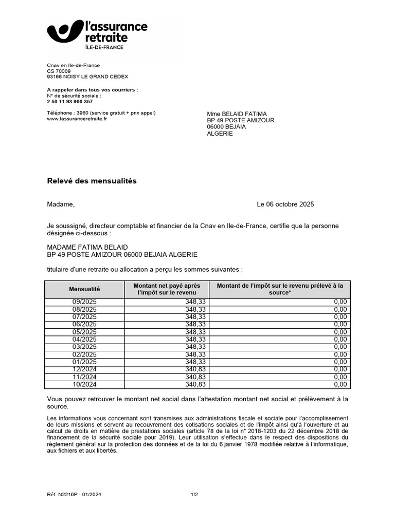 Relevé Mensuel de Retraite de Mme Belaid | PDF | Impôts | Impôt sur le ...
