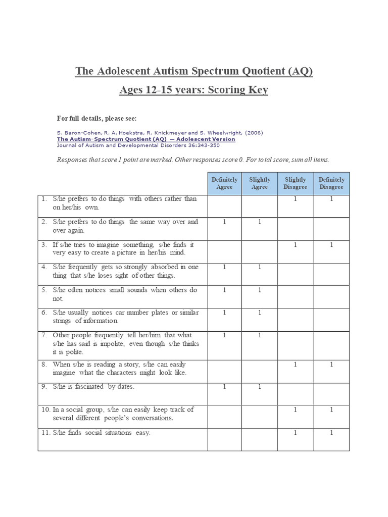 AQ50 Scoring Key for Adolescents | PDF | Behavioural Sciences
