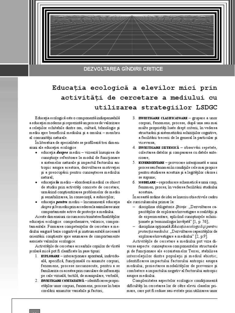 Educatia Ecologica A Elevilor Mici Prin Activitati De Cercetare A