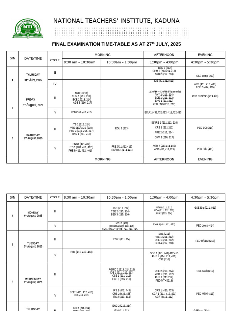 NCE Exam Timetable for 2025 | PDF