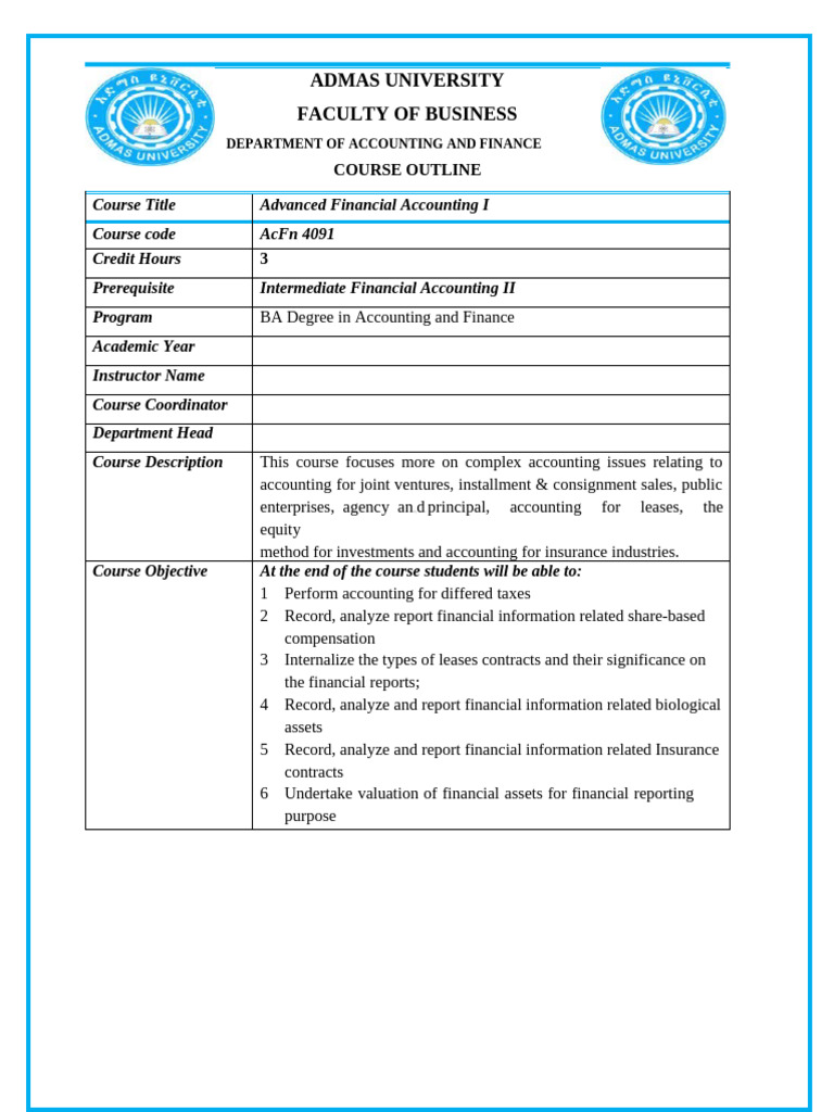 Advanced Financial Accounting I Course Outline | PDF | Valuation ...