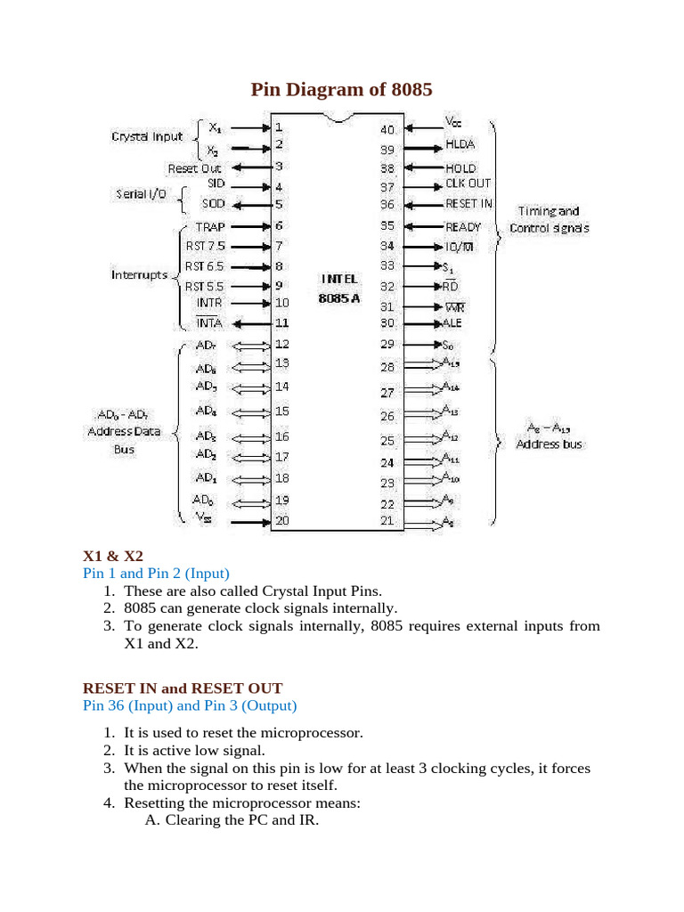 Pin Diagram 8085 Detail | PDF | Input/Output | Electronics