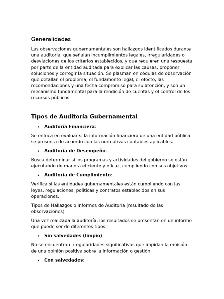 Tipos de Auditoría Gubernamental y Hallazgos | PDF