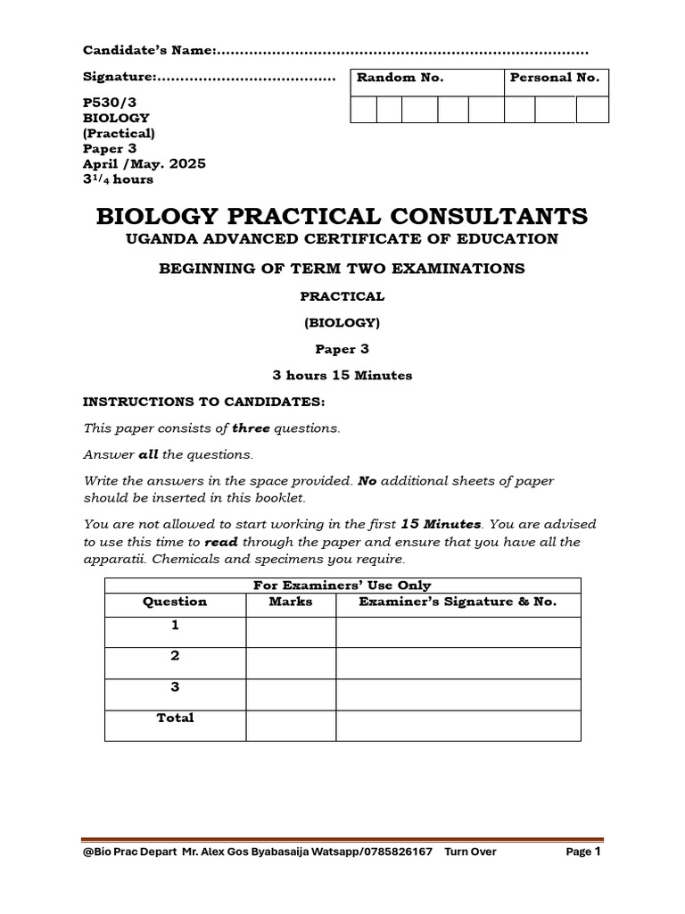 Biology Practical Exam Paper 2025 | PDF
