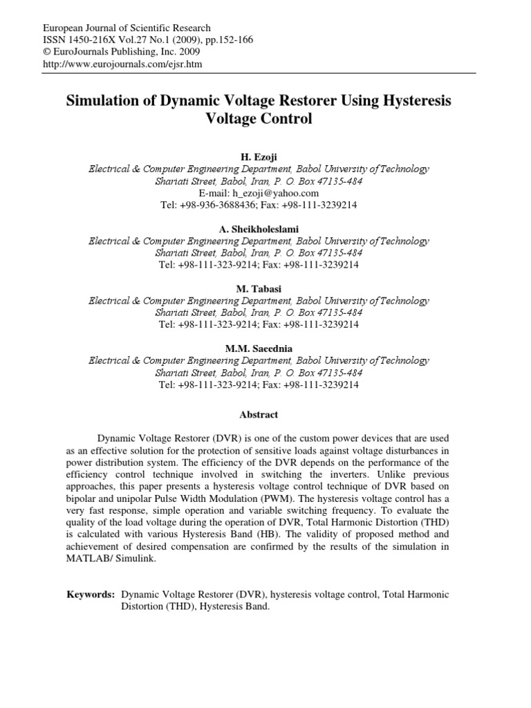 Simulation of Dynamic Voltage Restorer Using Hysteresis Voltage Control ...