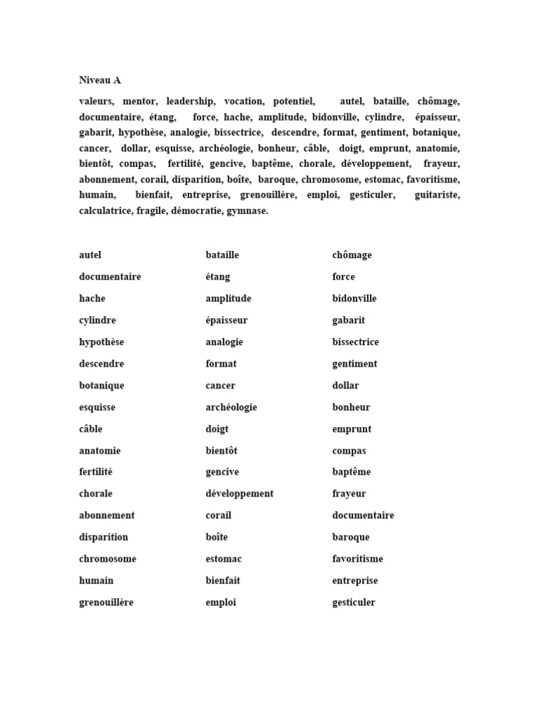 Liste de mots pour le niveau A | PDF