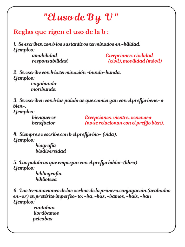 Reglas de uso de B y V en español | PDF